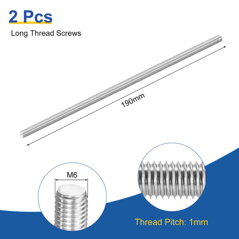 M6x190mm Fully Threaded Rod, 2Pcs 316 Stainless Steel 1 Pitch Threaded Screw gallery
