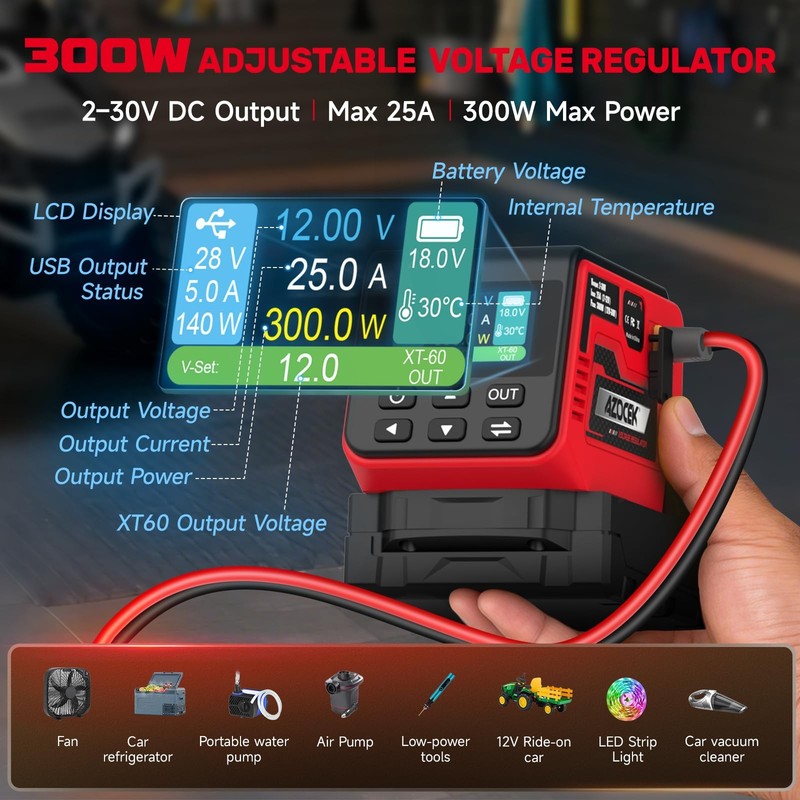 Azocek 300W Adjustable Voltage Regulator Compatible with Milwaukee 18V Red gallery
