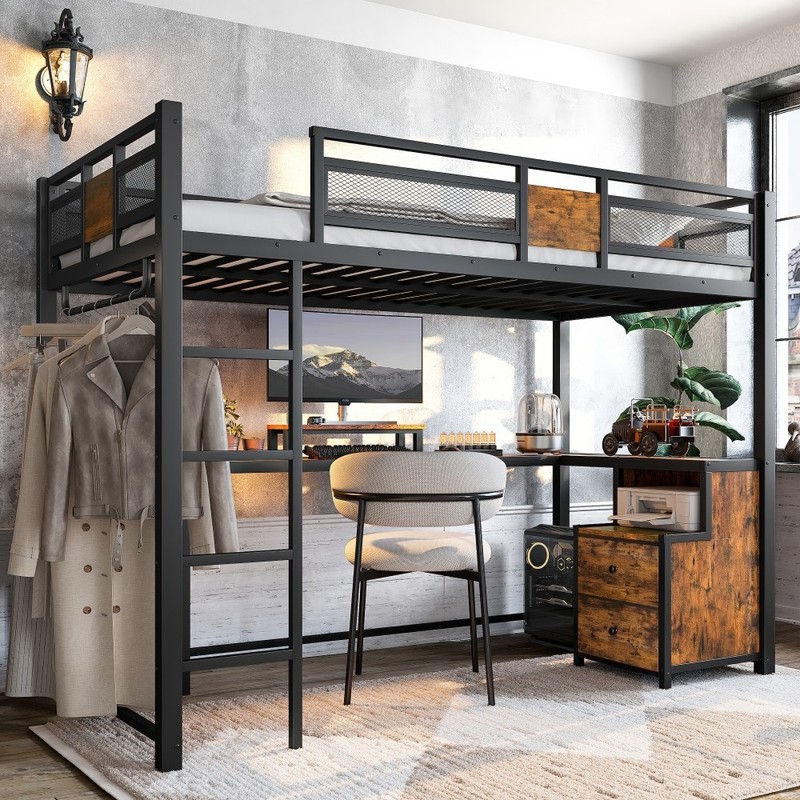 Queen Size Loft Bed with Desk & Storage Stairs, Wardrobe Side Table Bed Frame gallery