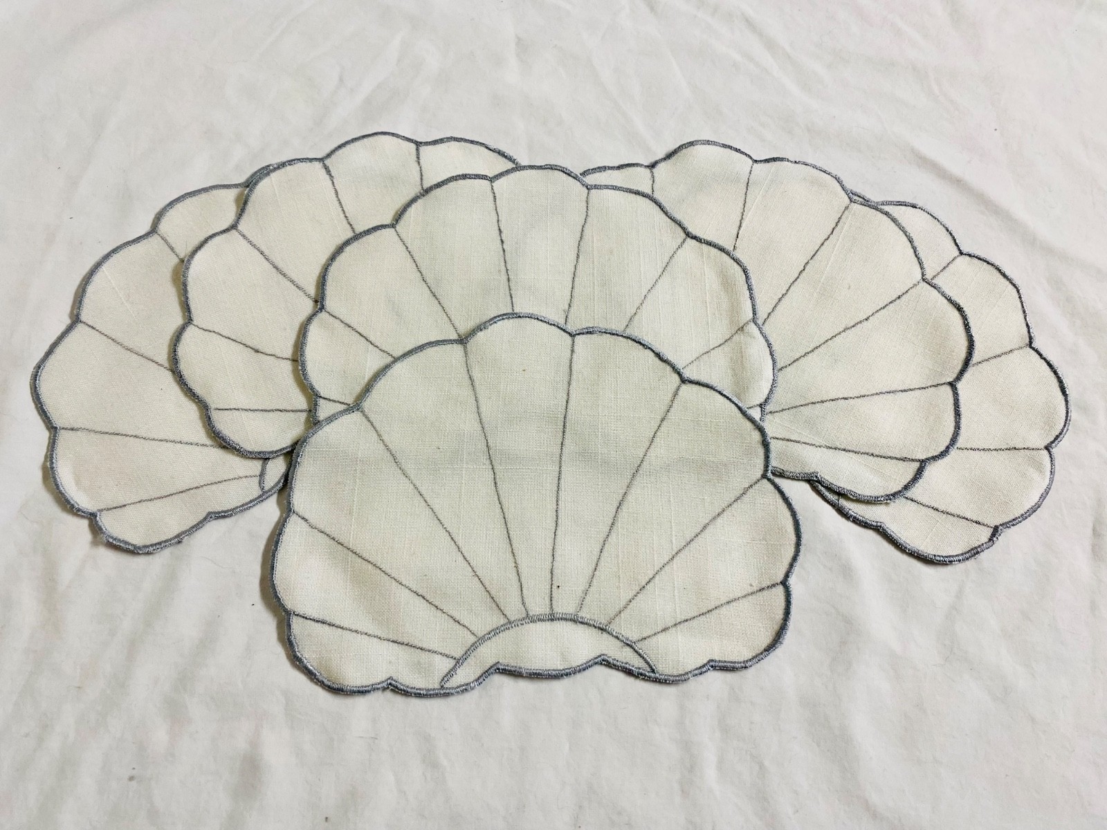 Lovely Fabric Sea Shell Coasters Set of 6 White + Silver Embroidery 7. 5 In Wide gallery