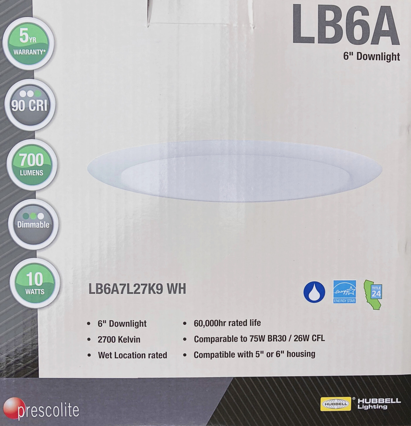 Prescolite LB6A7L27K9 LiteBox 6 inch round LED Downlight and Retrofit Trim, gallery