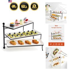 3 Tiered Serving Stand, Foldable Rectangular Food Display Stand with White Po…