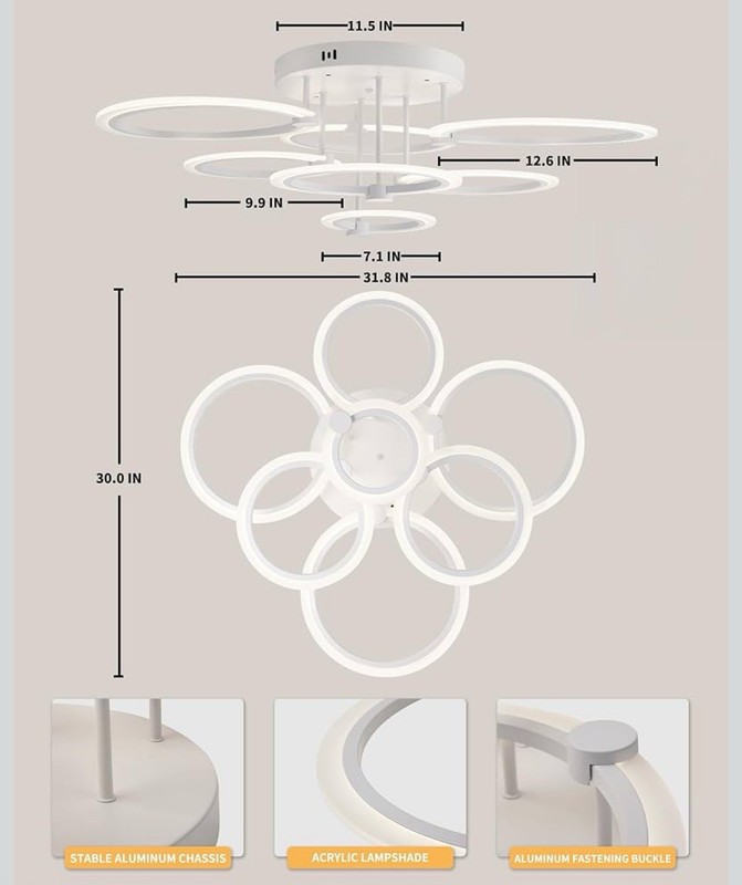 SEABLE Modern LED Ceiling Light 7 Rings Dimmable Fixture Remote 31.8” 130W Art gallery