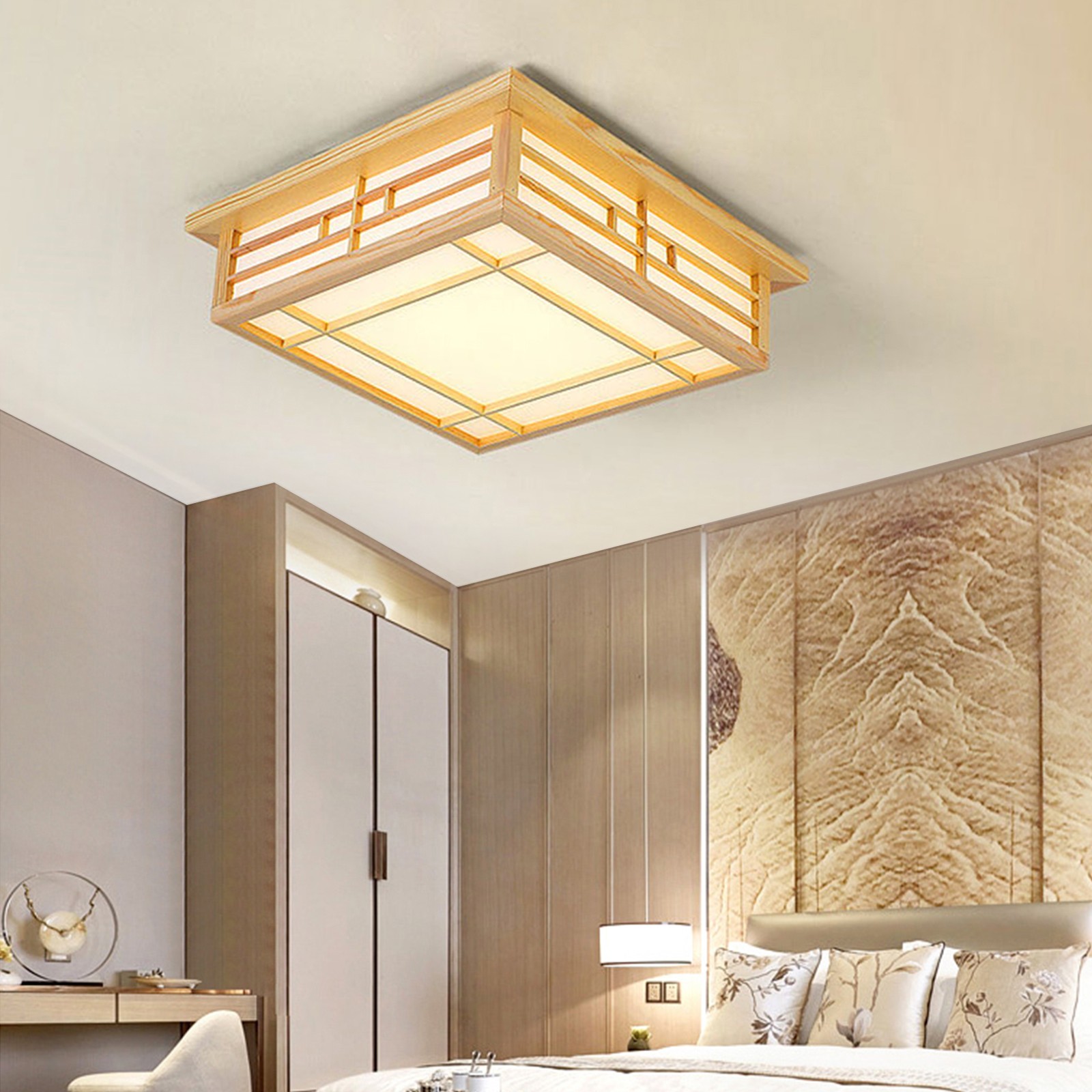 Modern LED Ceiling Light Wood Square Flush Mount Light Chandelier 45*45 cm USA gallery