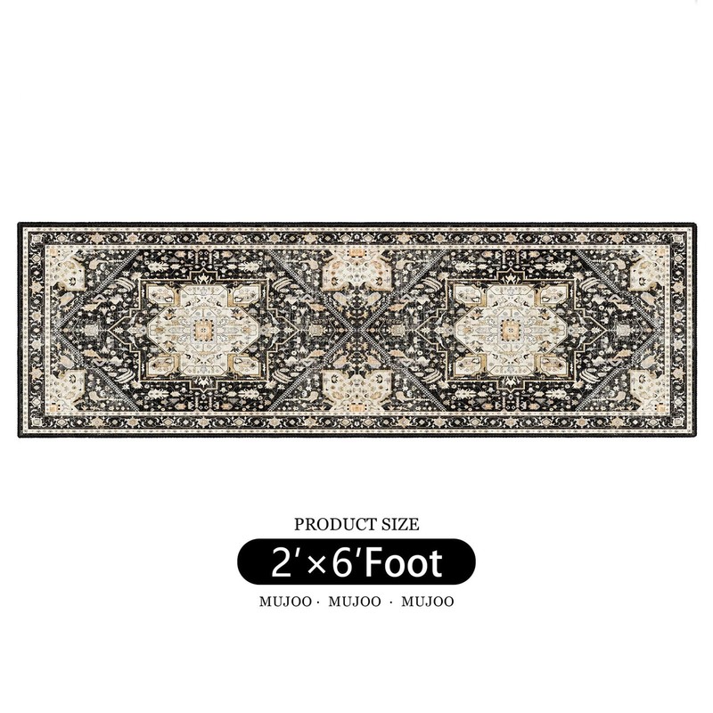 MUJOO Washable Runner Rug,Black Boho 2' x 6' (Rectangular), Black and Beige gallery