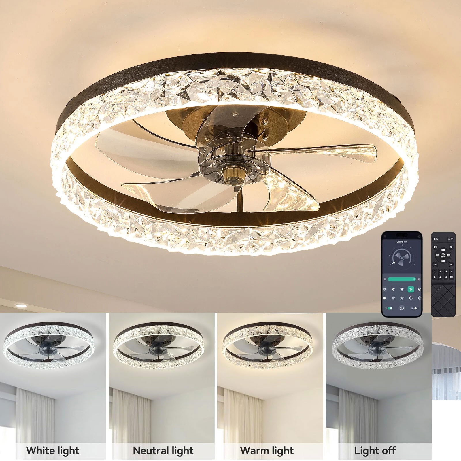 20 inch Black Flush Mount LED Ceiling Fan with Light Remote APP Control Modern gallery