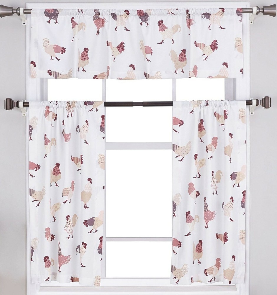 3pc Small Windows Curtains Set:2 Tiers (24"x36") & Valance (54"x14") ROOSTERS,MS