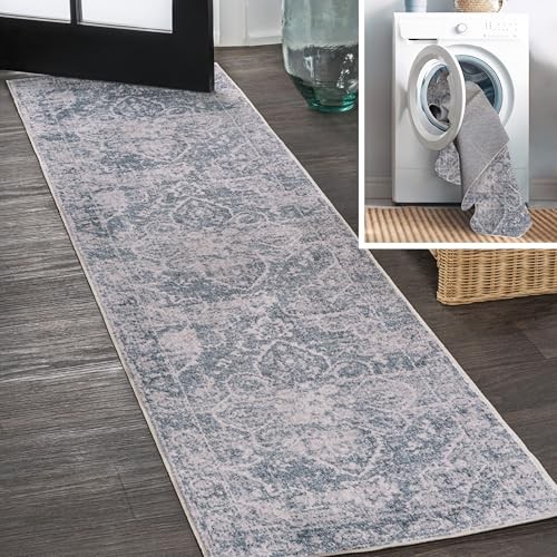 Machine Washable Blue/Light Gray Runner Rug 2X8 ft, Shaii Global Medallion gallery