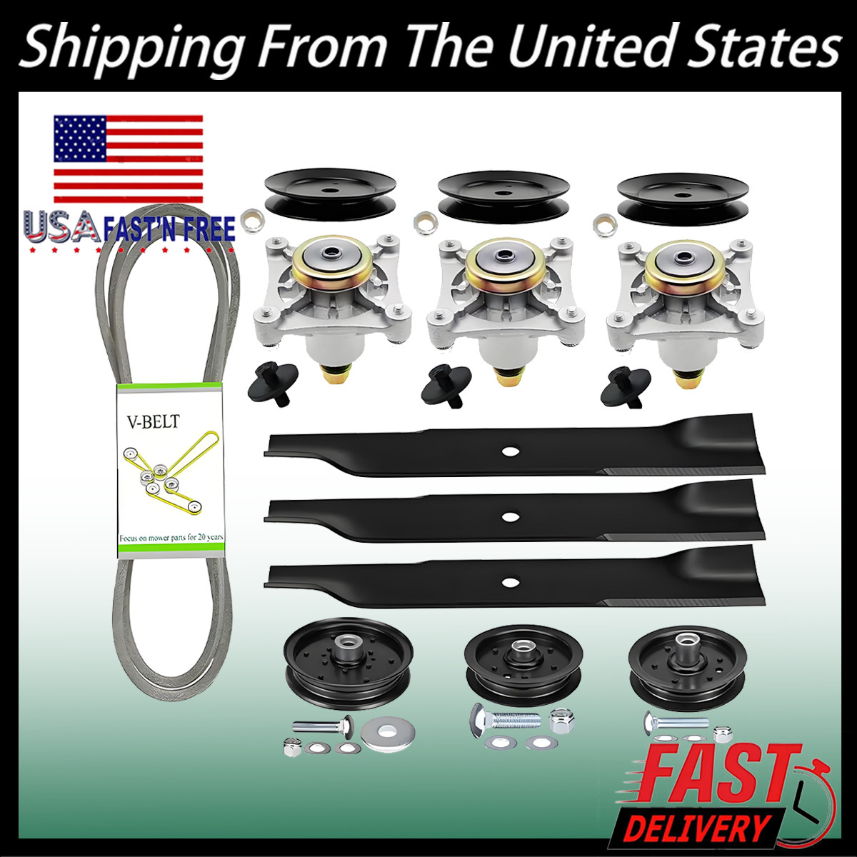 For Hustler Raptor 52" Ultimate Deck Rebuild Kit, Spindles, Pulleys, Blades ,NEW gallery