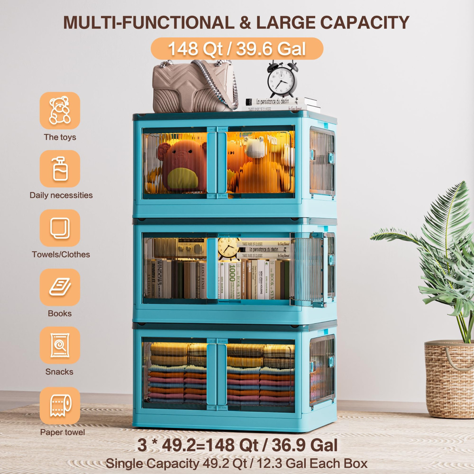 3-Tier Stackable Storage Bins with Lids & Wheels Foldable Closet Organizer Box gallery