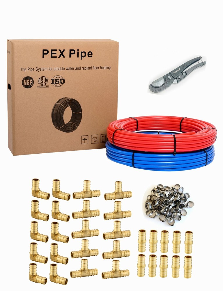 1/2" 2x 100ft(200ft) PEX Pipe ,30 Pcs 1/2" Brass Fitting, 100 Pcs Clamps ,Cutter