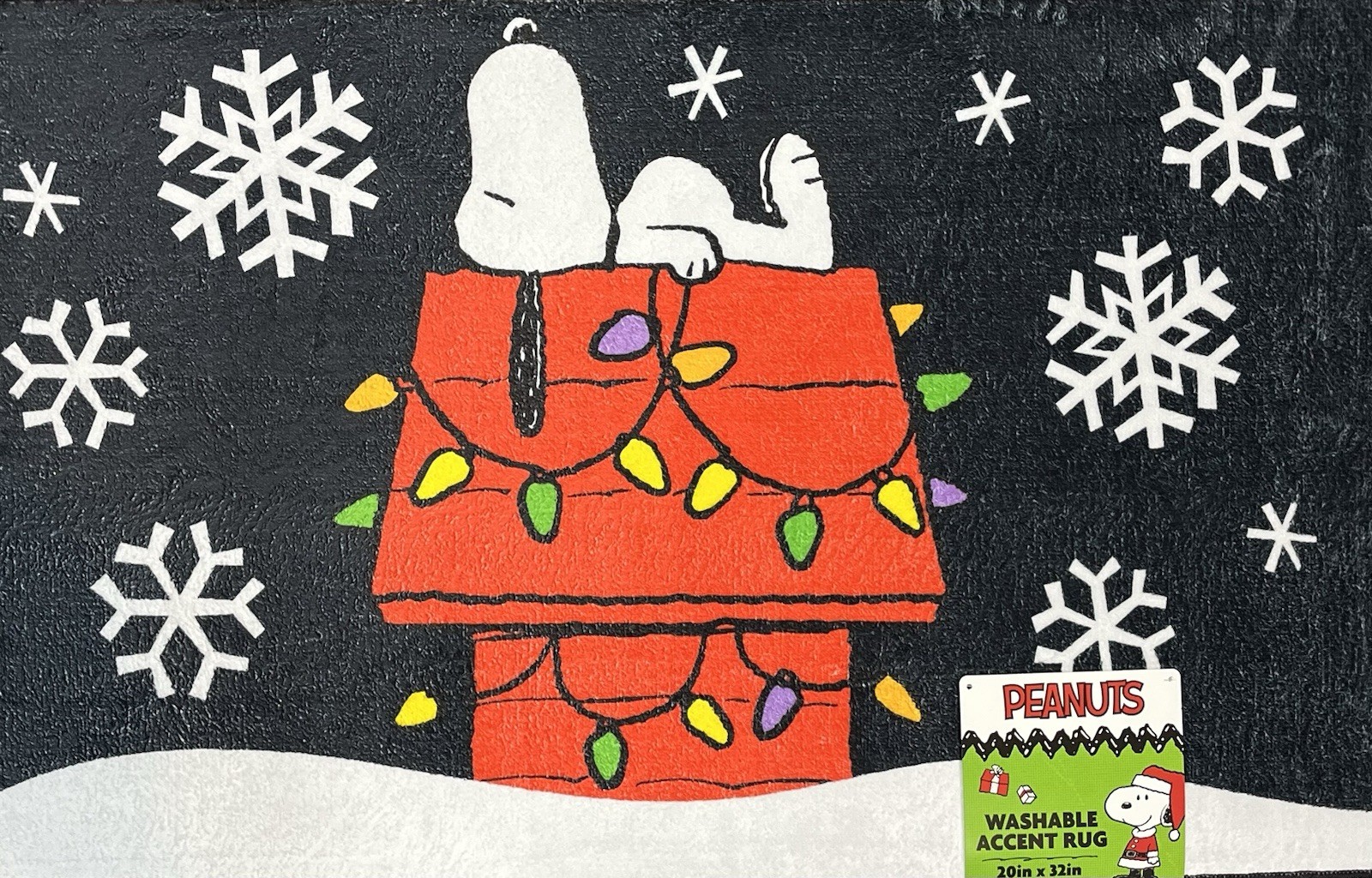 Peanuts Snoopy 20”x32” Mat Accent Rug Christmas Lights Napping Doghouse Black gallery