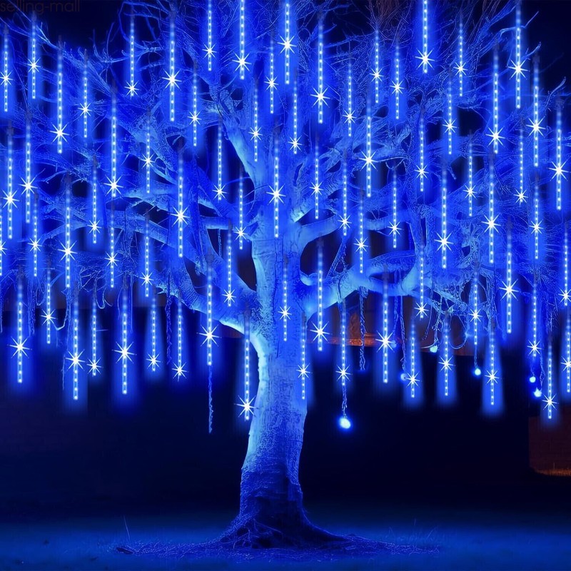 LED Meteor Shower Lights Outdoor Falling Rain Drop Icicle String Waterproof Blue gallery