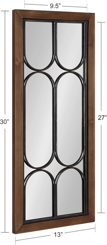 Walnut Brown Rectangle Wall Mirror with Geometric Iron Overlay, 13x30 Inches gallery