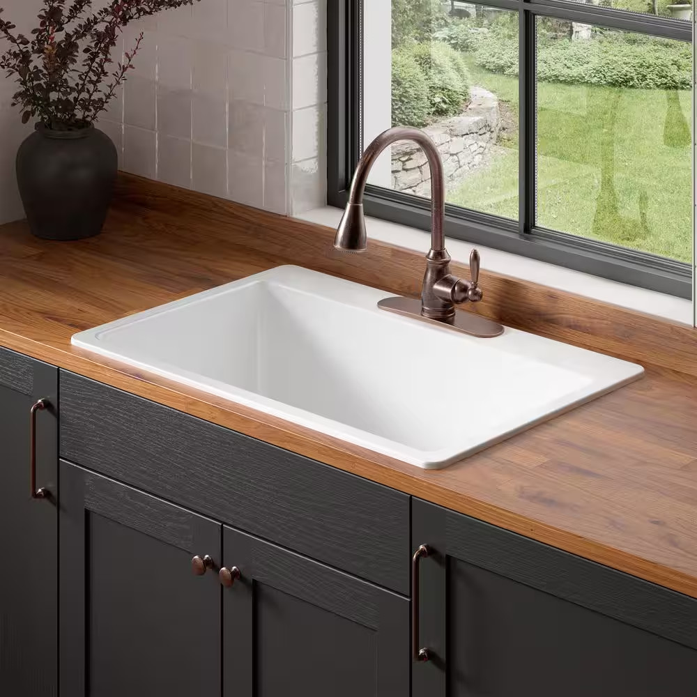 Jackson 33 In. 3-Hole Drop-In Single Bowl Crisp White Fireclay Kitchen Sink gallery