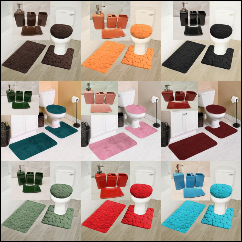 7PC SOFT BATHROOM SET BATH MAT CONTOUR RUG TOILET LID COVER + CERAMIC ACCESORIES gallery