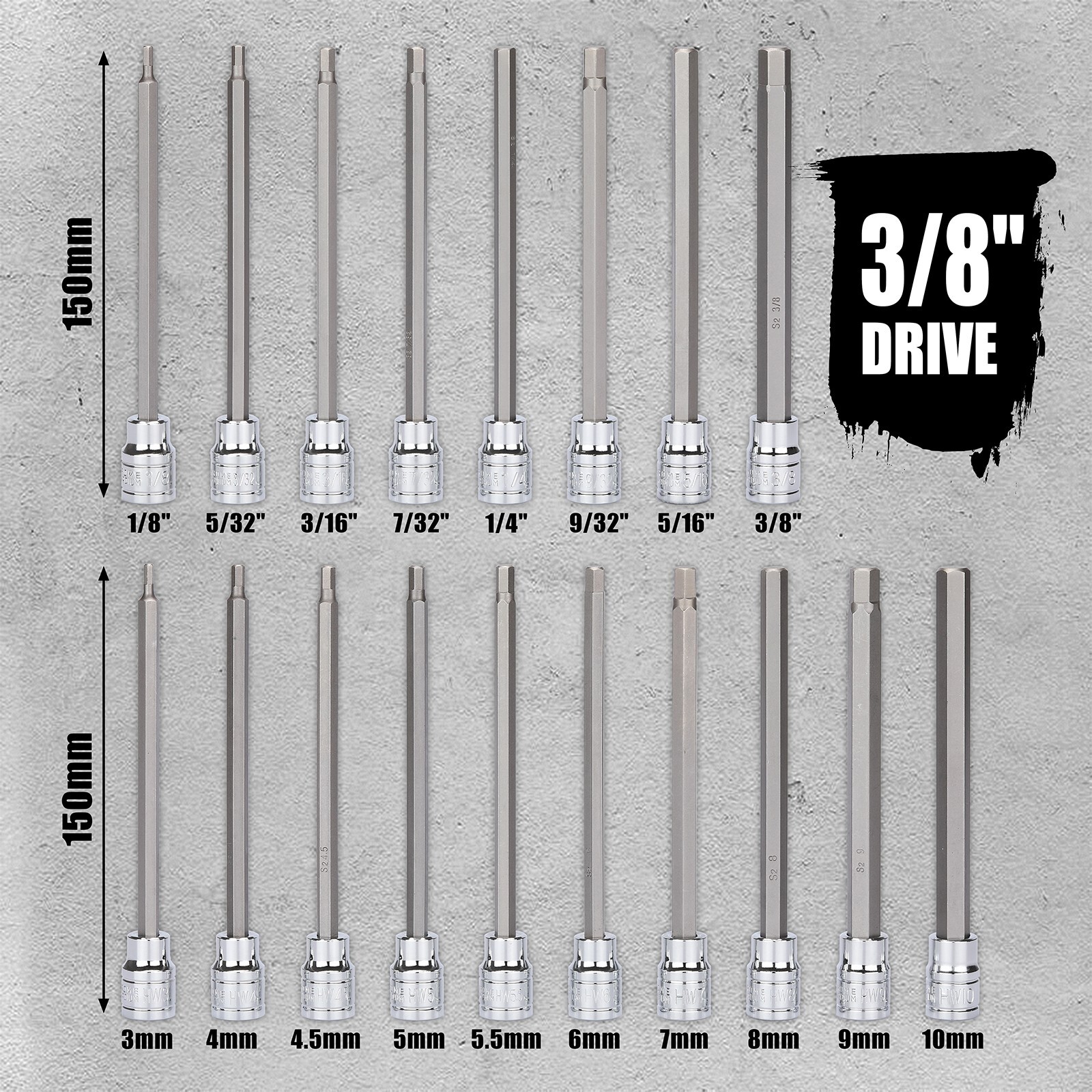 18PCS 3/8"Dr. Extra Long Hex Bit Socket Set, 1/8 Inch to 3/8 Inch, 3mm to 10mm gallery