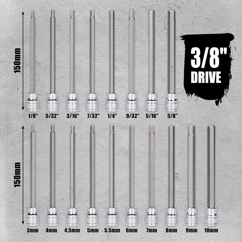 18PCS 3/8"Dr. Extra Long Hex Bit Socket Set, 1/8 Inch to 3/8 Inch, 3mm to 10mm gallery