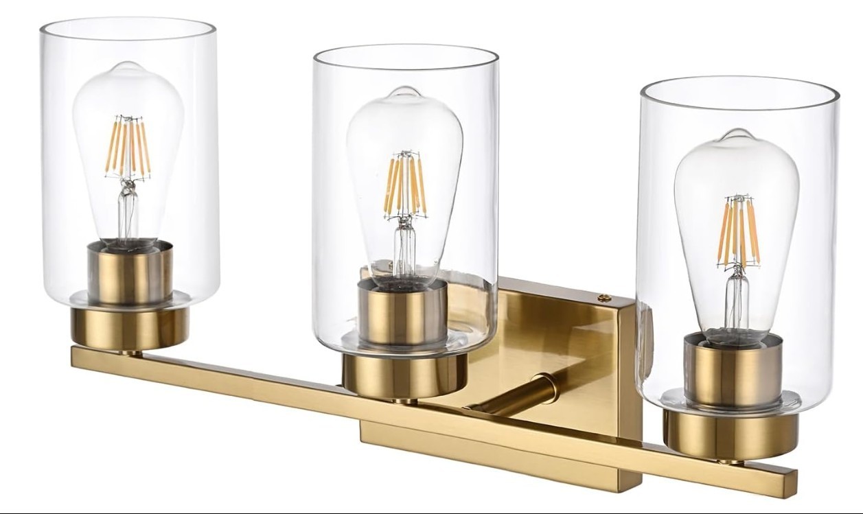 3-Light Bathroom Vanity Light Brushed Gold with Clear Glass Shades gallery
