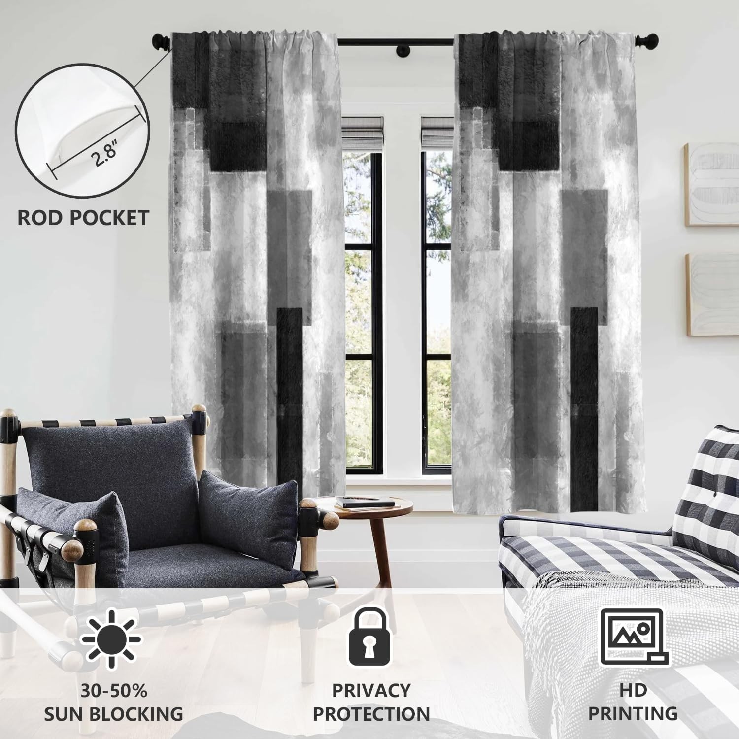Black Grey and White Window Curtain Gray Abstract Geometric Silver Art gallery