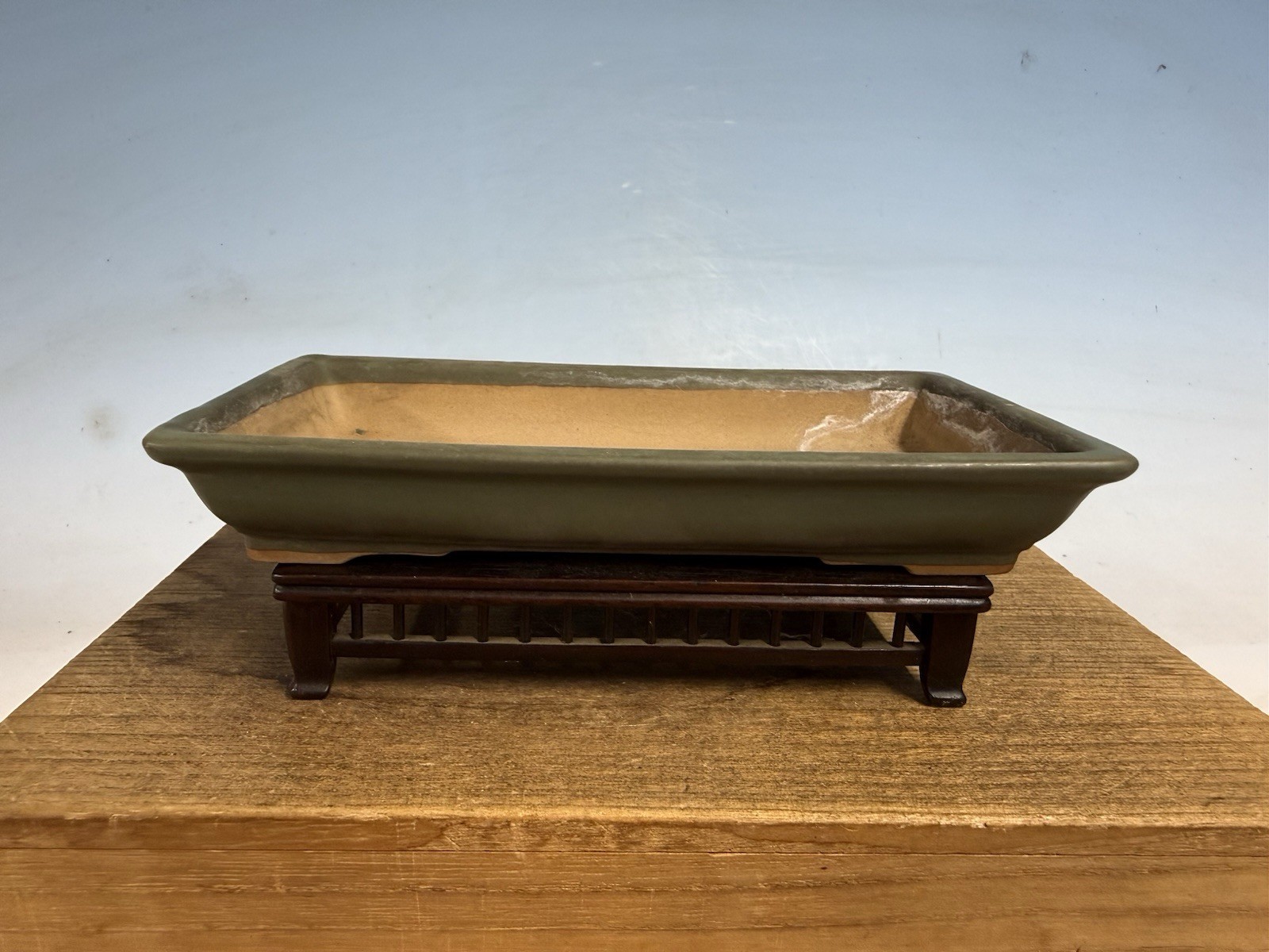 Japanese Unknown Maker Shohin Bonsai Tree Pot 7 1/2” Tosui? Green Glazed gallery