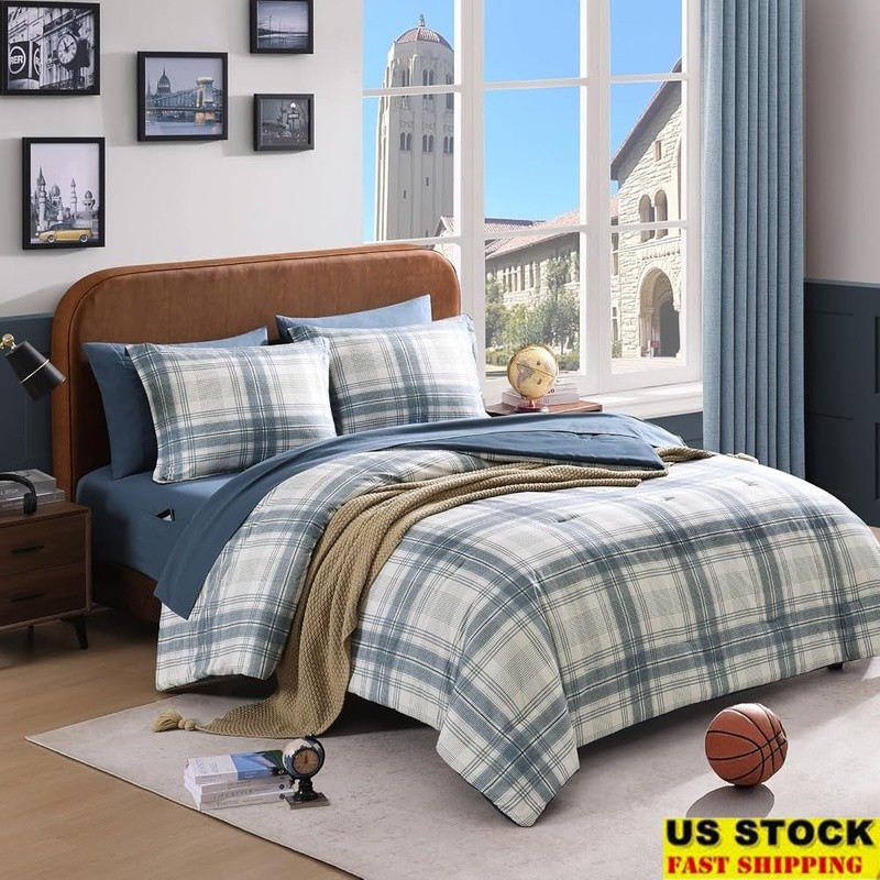 Full Size Blue Grey Comforter Set Modern Farmhouse Machine Washable Tumble Dry gallery