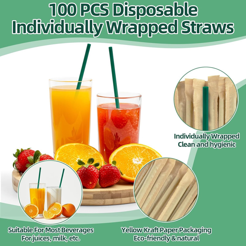 100 Pcs Individually Wrapped Straws - Green Plastic Straws Disposable Plastic gallery