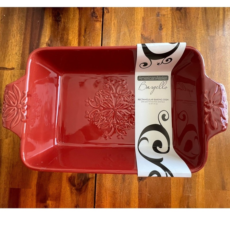 American Atelier Bargello Rectangular Baker 14.75" Red Brand New Stoneware Dish gallery