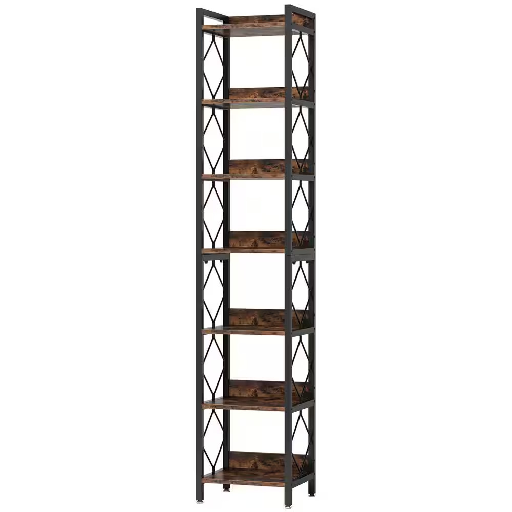 Jannelly 79 In. Rustic Brown 7-Shelf Narrow Bookcase with Metal Frame, Corner Et gallery
