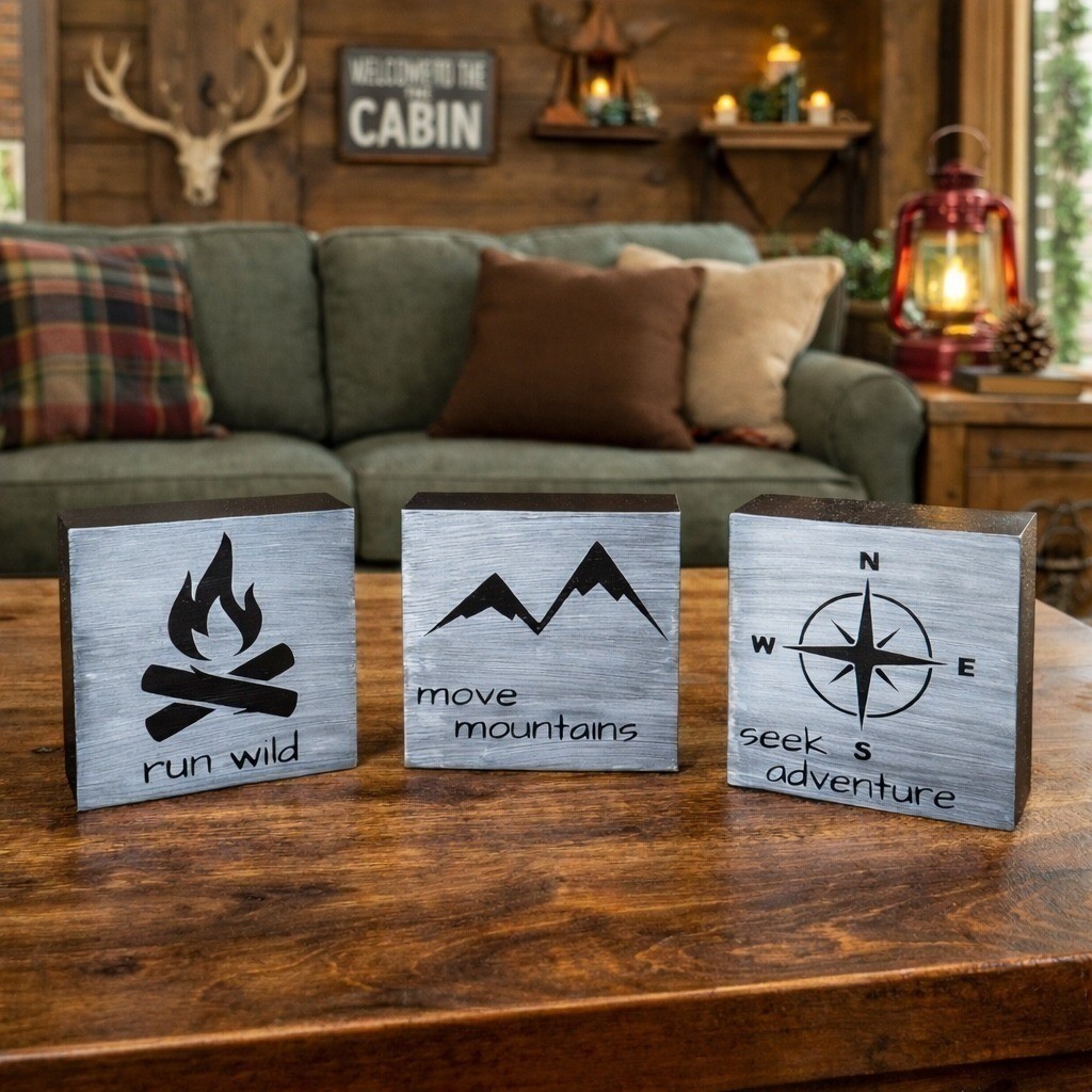 Rustic Wood Block Sign Set Campfire Mountains Compass Home Decor gallery