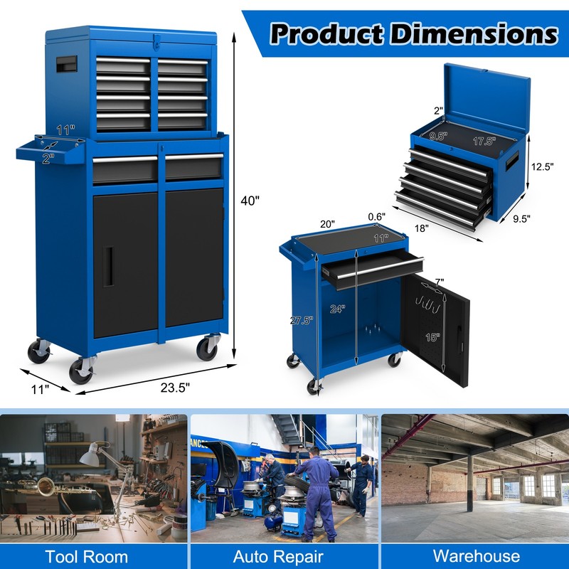 Rolling Tool Chest Combo w/ 5 Drawers Adjustable Shelf Locking System Home gallery