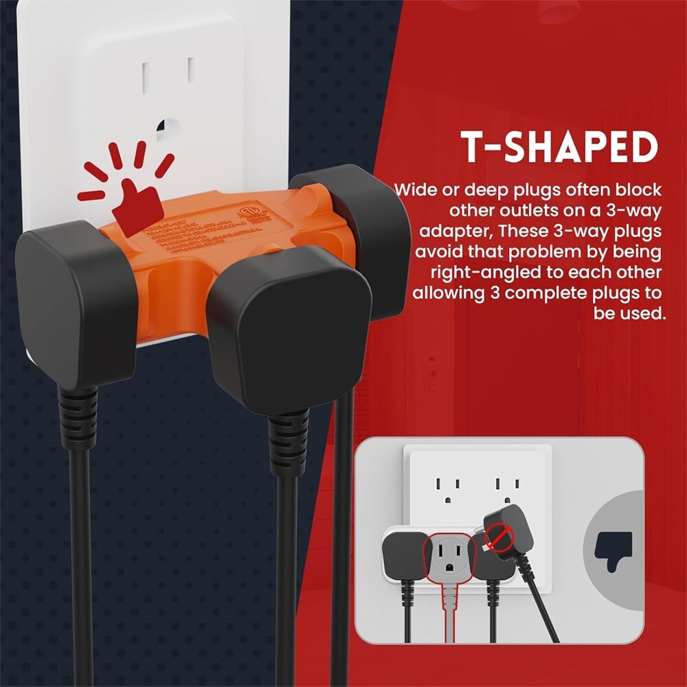 3 PACK 3 Way Plug Adapter 3 Plug Wall Adapter 3 Prong Grounded 15A 1875W Outdoor gallery
