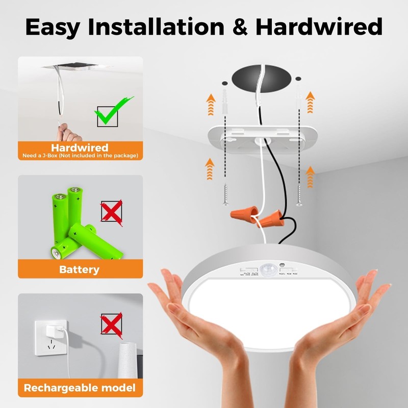 2-Pack Motion Sensor Ceiling Light 15W 1500LM, 3000K/4000K/6500K, Flush Mount fo gallery