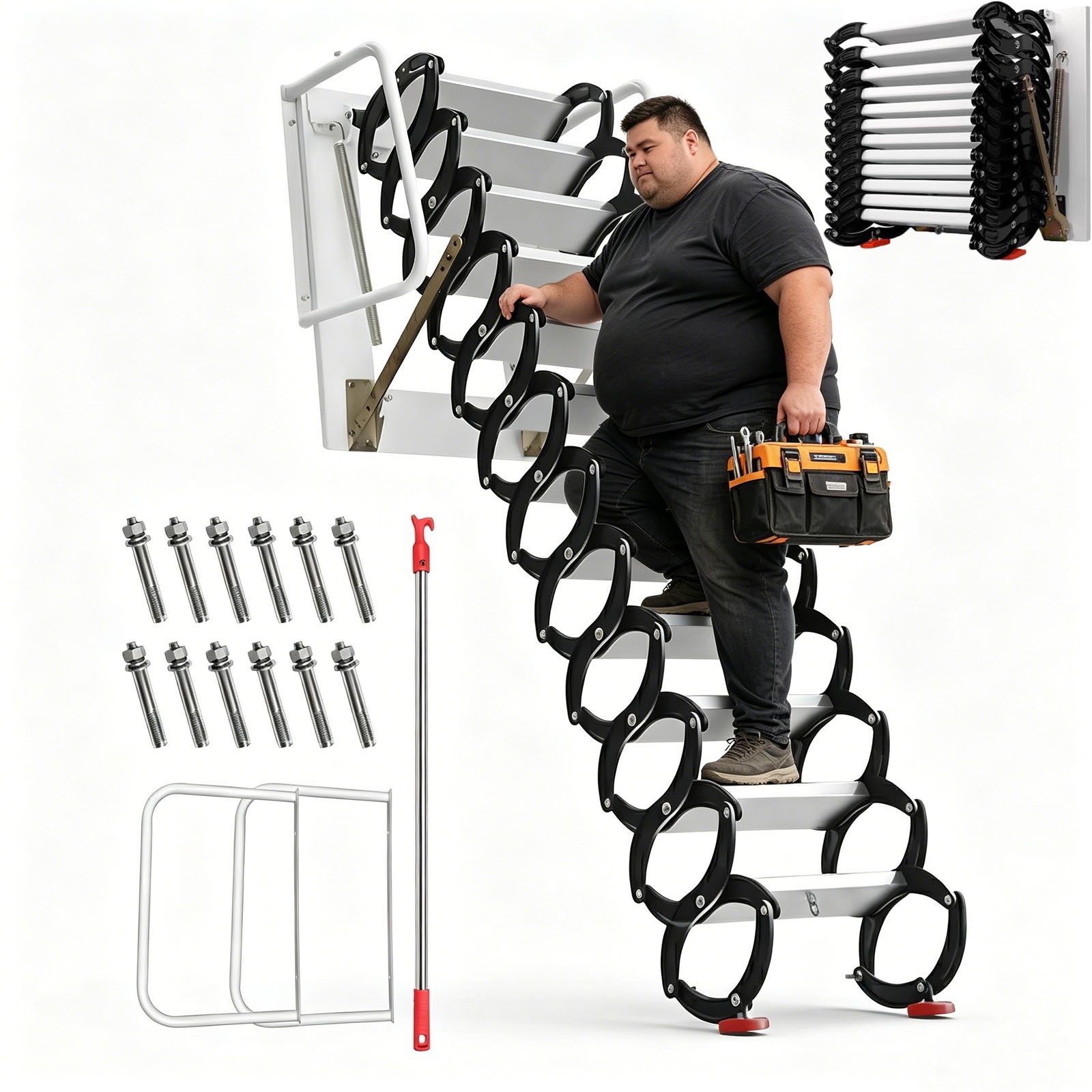12 Steps Wall Mounted Folding Ladder Loft Stairs White Attic Steps Pull Down gallery