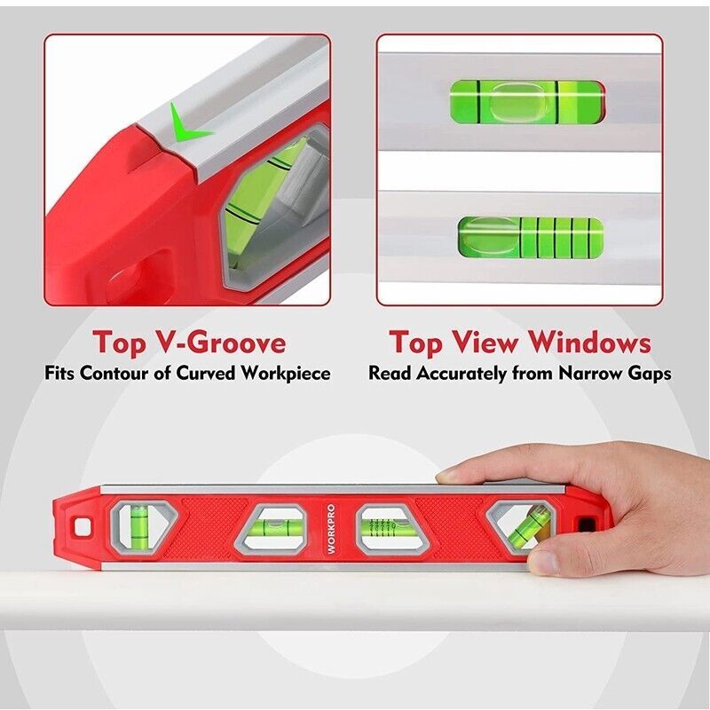 WORKPRO 12 Inch Torpedo Level 4 Bubble V-Groove Aluminum Magnetic Plumbing Level gallery