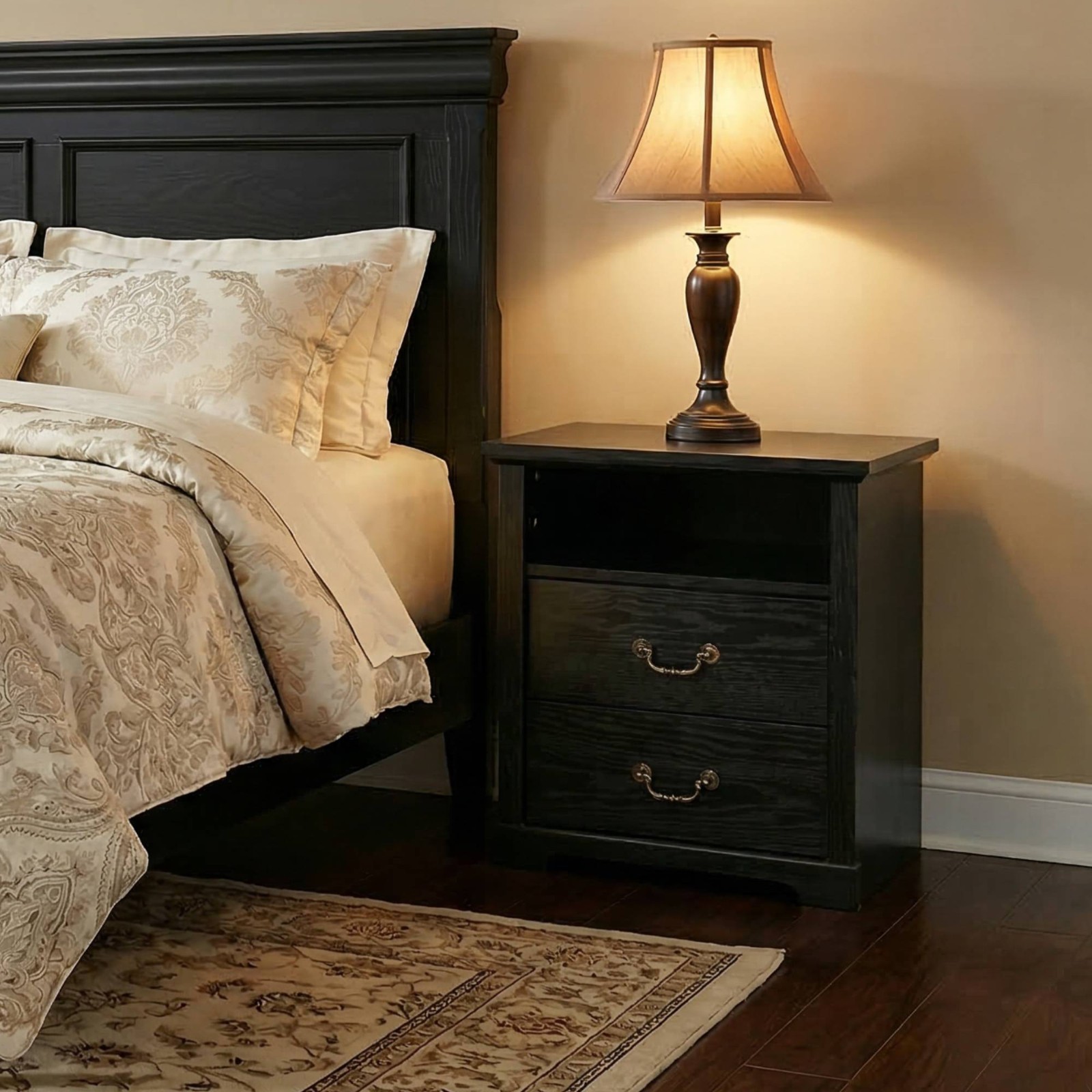 Wood Nightstand with 2 Drawers and Open Shelf – 6 Colors gallery