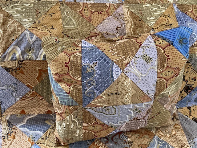 Vtg. Batik Patchwork Cotton/Rayon Quilt with cushion cover, 102" x 55" gallery
