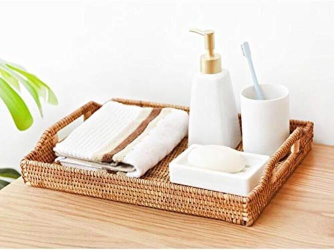 Hand-Woven Rattan Rectangular Serving Tray with Handles for 14.5x10.2x1.4inches gallery