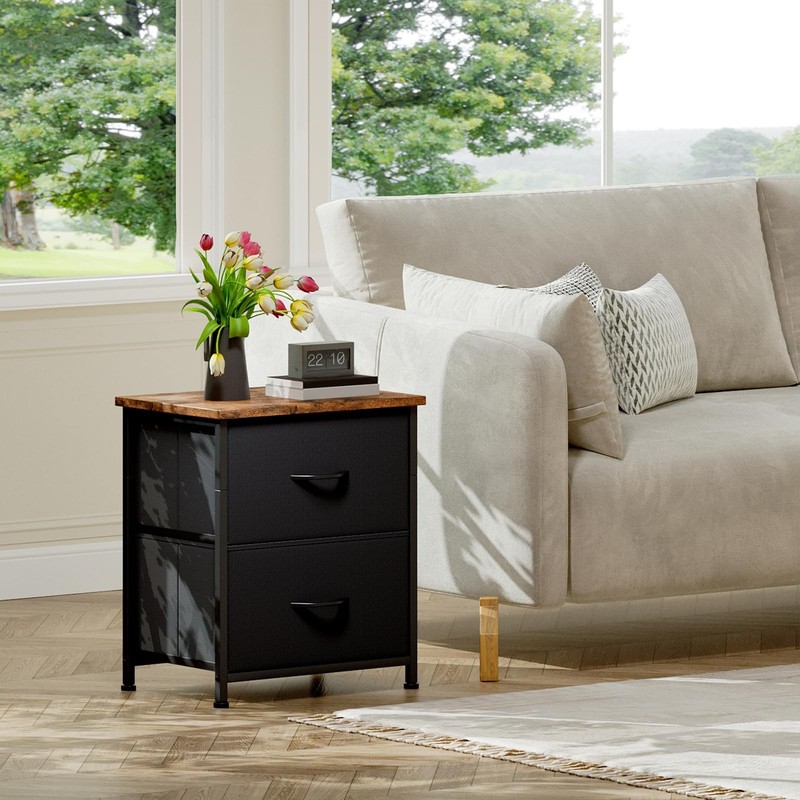 Nightstand 2 Drawer End Table Bedside Storage Fabric Bins Rustic Brown Black gallery