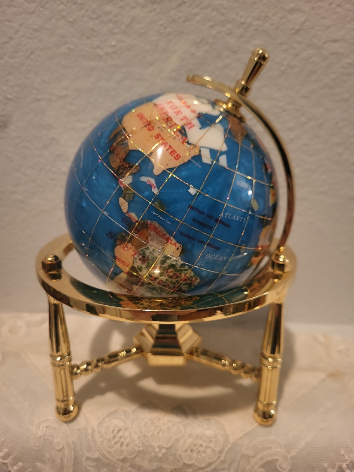 Unique Art 7.5 Inch Mini Turquoise Pearl Gemstone World Globe with Gold Tripod gallery