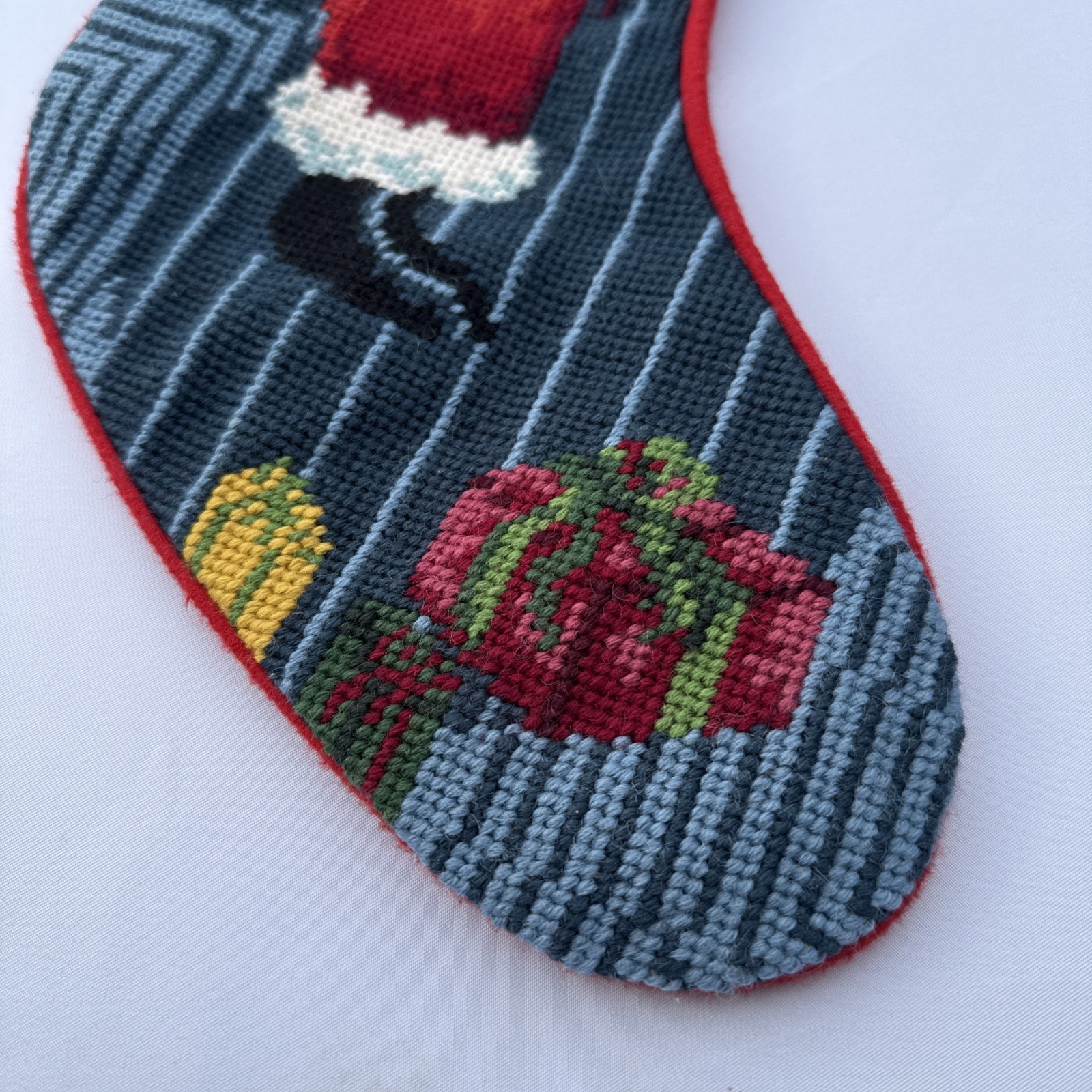 Vintage Needlepoint Christmas Stocking Wool Santa St Nick Tree Gifts Blue Red gallery