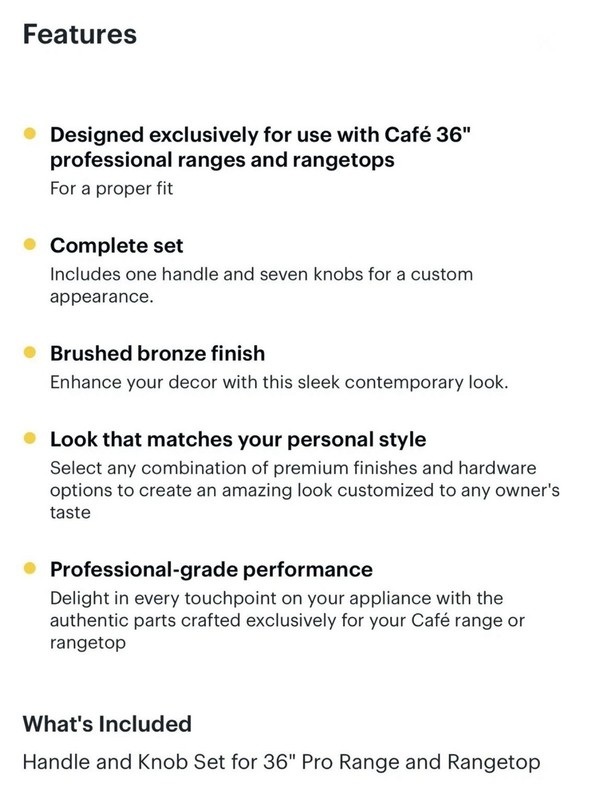 CAFE/GE BRUSHED BRONZE HANDLE/KNOB KIT @CXPR6HKPTBZ FOR PRO RANGES,C-pics & desc gallery