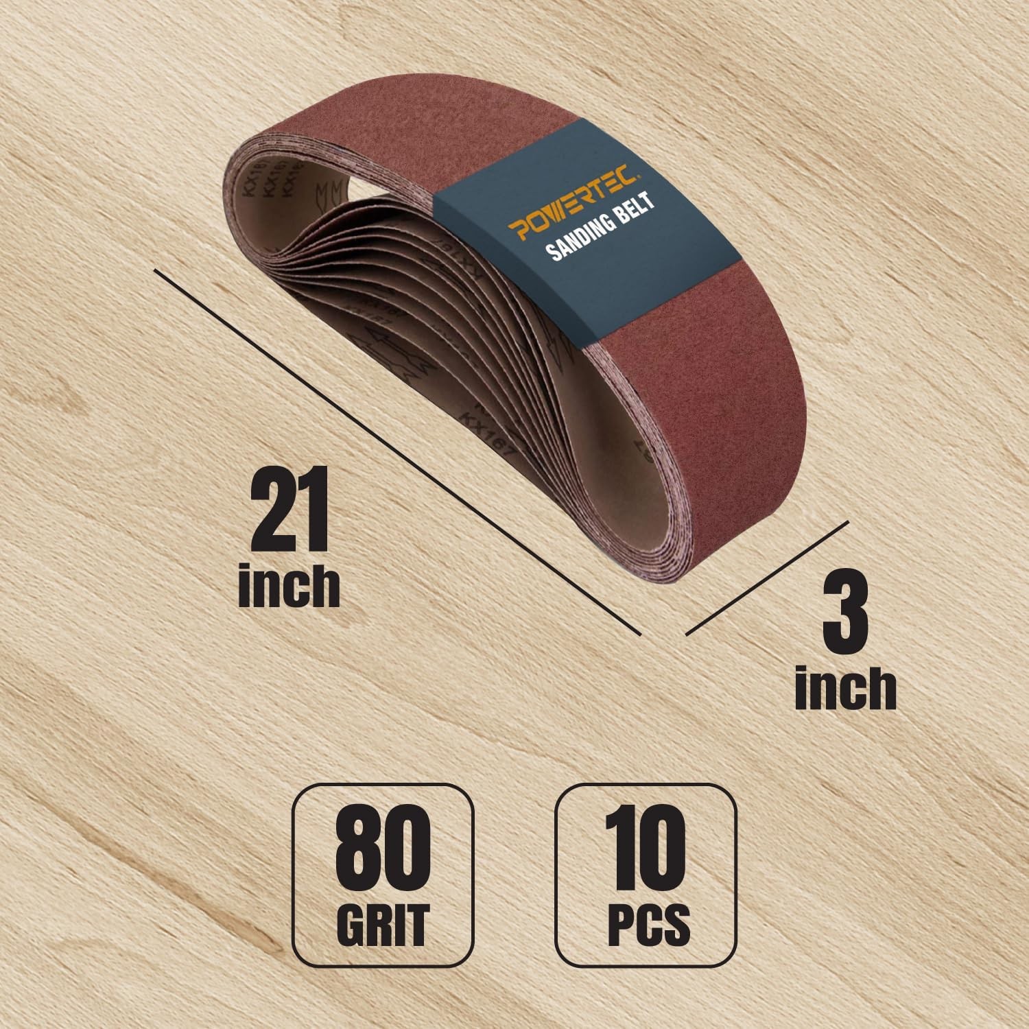 POWERTEC 3 x 21 Inch Sanding Belts, 10PK, 80 Grits Aluminum Oxide Sandpaper, 3x2 gallery