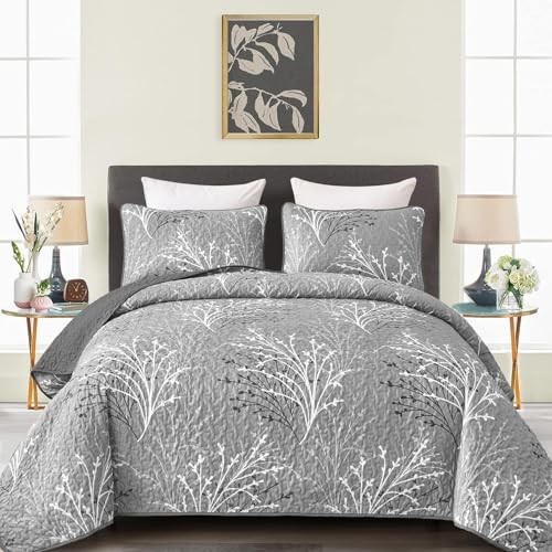 Quilt Set Size Branch Botanical Pattern Bedspread Coverlet Set, 3 Full Grey gallery