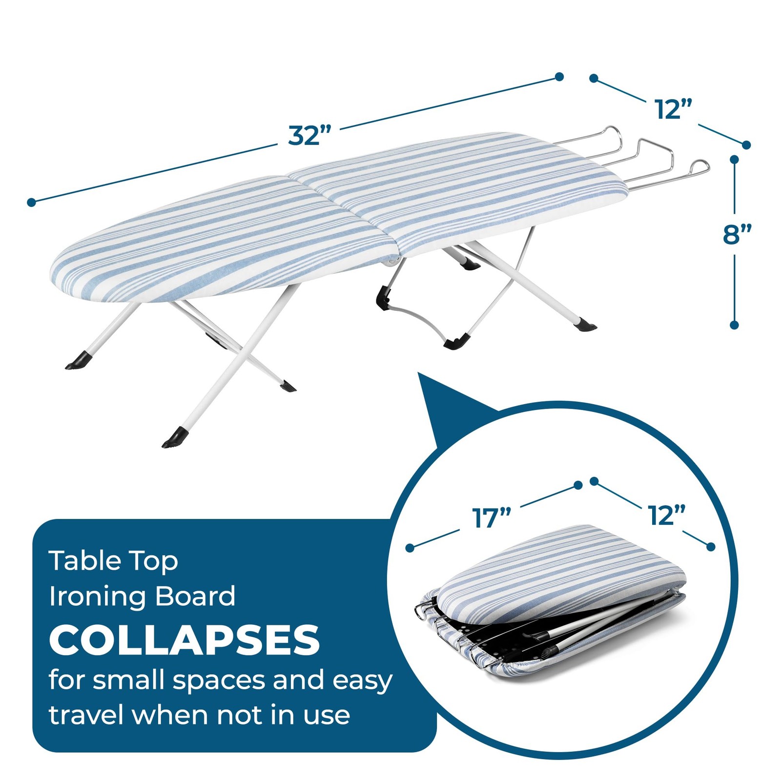 Folding Tabletop Ironing Board with Iron Rest, Blue, 32” L X 12” W, Steel Frame gallery