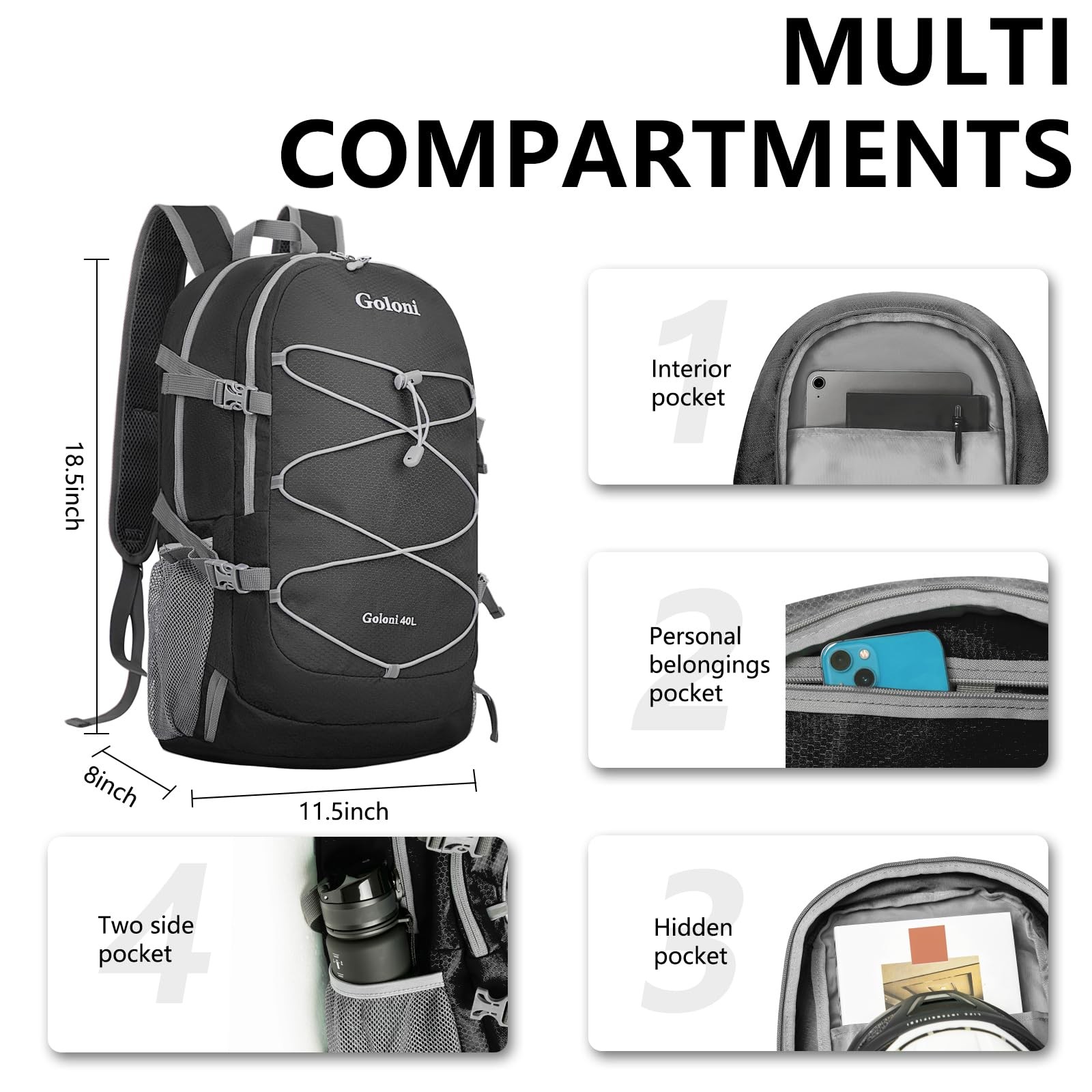 Ultra Lightweight Packable Backpack 40L Foldable Hiking Water Resistant Black 2