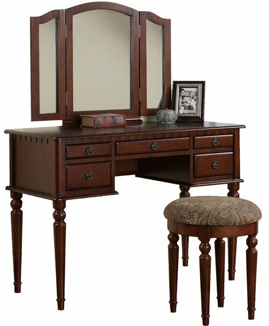 Cherry 3 pc Vanity Set Tri Mirror Wooden Table Stool Makeup Drawer Bedroom Desk gallery
