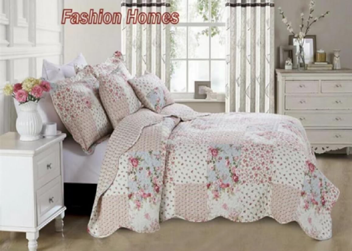 3-Piece Queen Size Printed Patchwork Quilt Set - Pink Flower Floral Polka Dots gallery