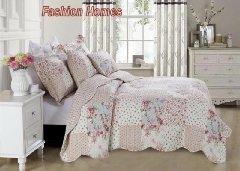 3-Piece Queen Size Printed Patchwork Quilt Set - Pink Flower Floral Polka Dots gallery