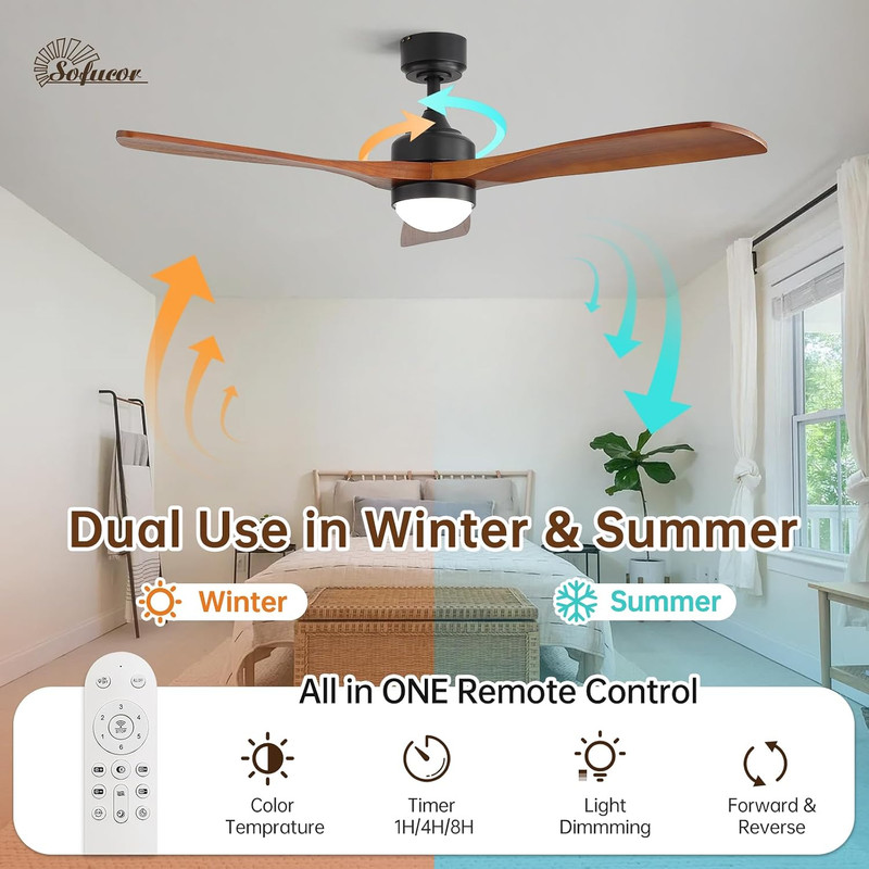 Sofucor 52" Solid Wood Ceiling Fan Lights, Flush Mount & Downrod Mount Ceiling F gallery